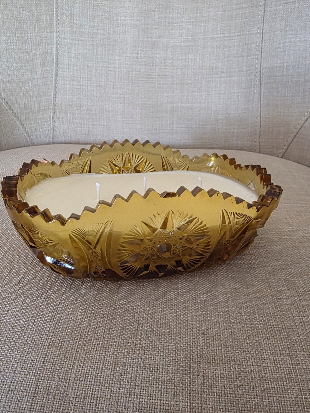 Vintage Amber Pressed Glass Bowl Filled With Soy Wax